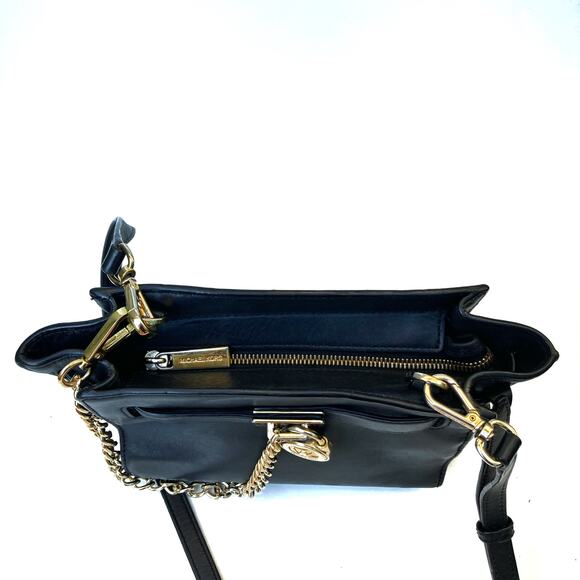 Michael Kors Hamilton Travel Mini Crossbody |  Black Leather | Gold Chain Accent - Picture 11 of 16